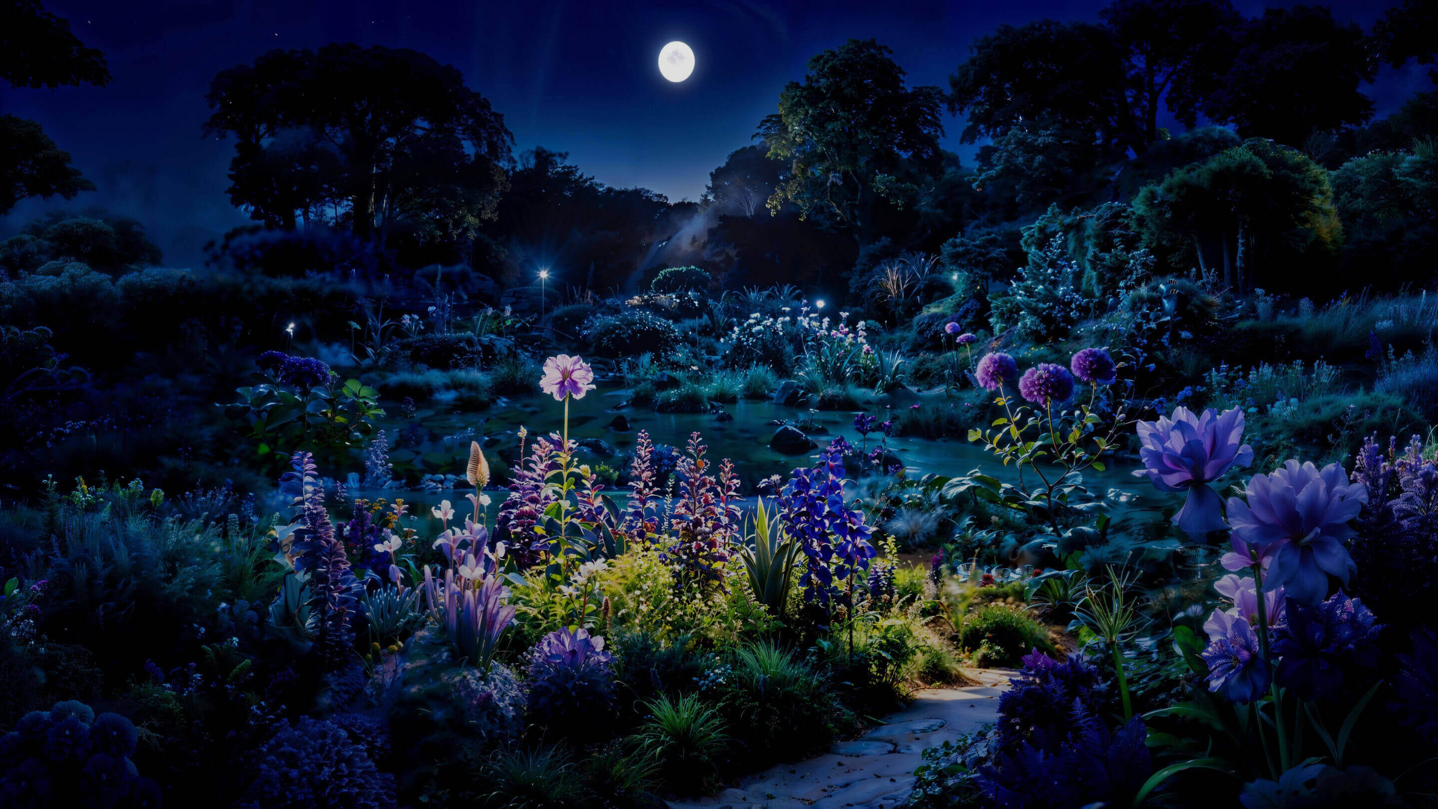 Un jardín misterioso por la noche